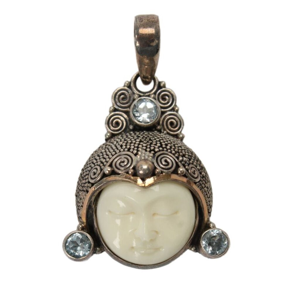 Designer Womens 925 Silver + 14K Gold + Topaz Goddess Pendant 8.1g